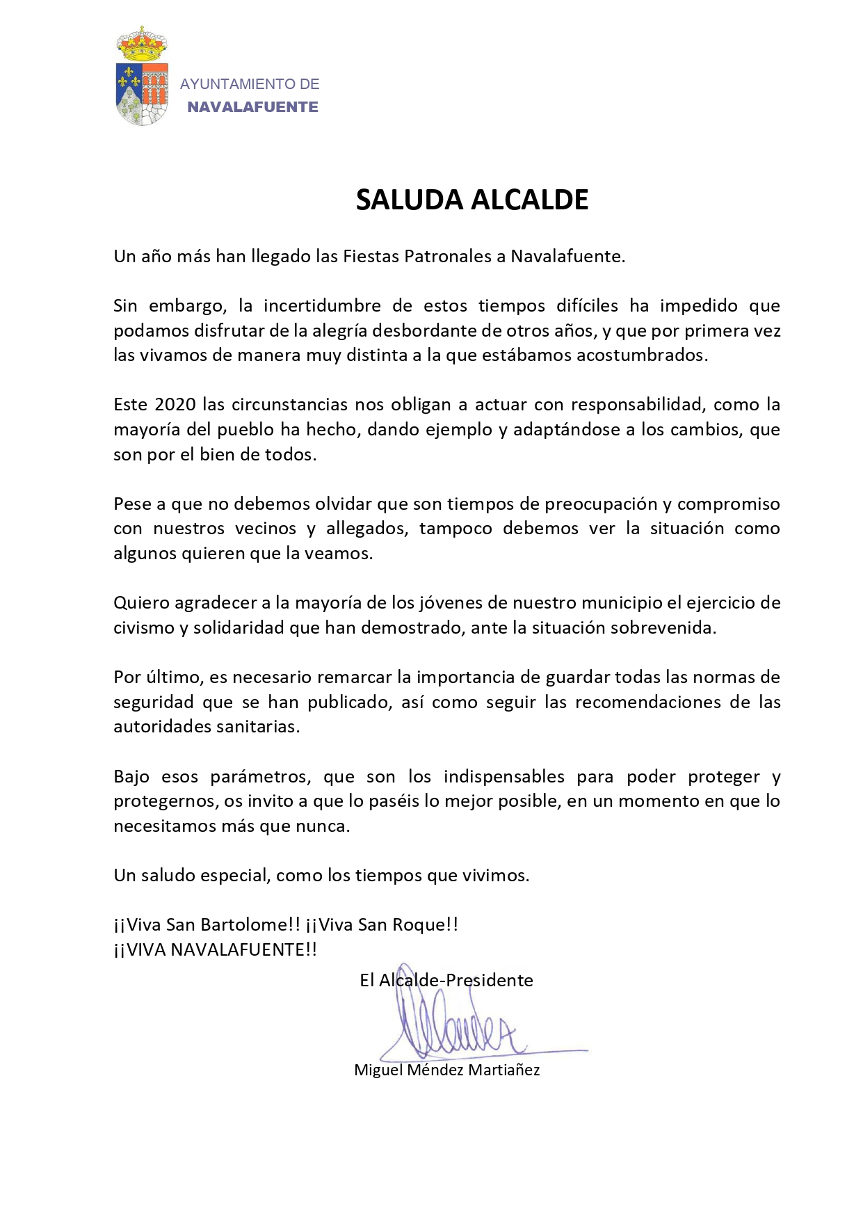 Saluda Alcalde Fiestas 2020 Ayuntamiento De Navalafuente