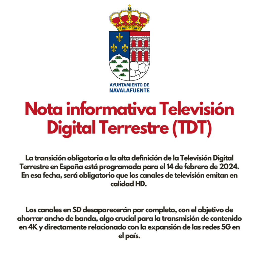 Nota informativa Televisión Digital Terrestre (TDT) - Ayuntamiento